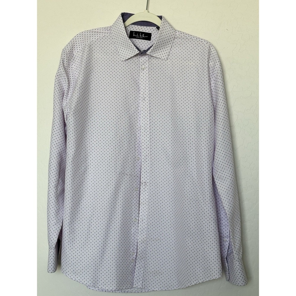 Nicole Miller New York Men's Shirt 16-16.5 Large White Print Button Up